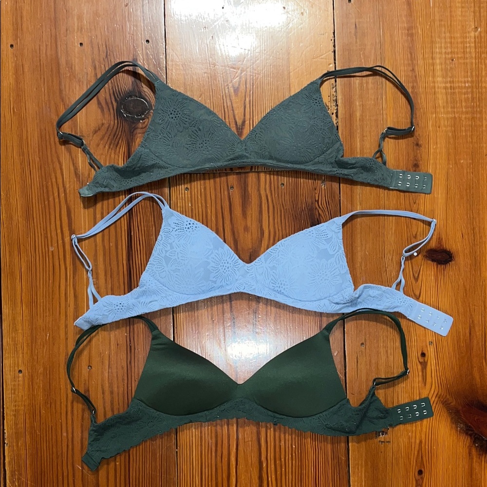 Aerie Lace & Smooth Triangle Bra Set —  Olive Green, Forest Green & Light Blue